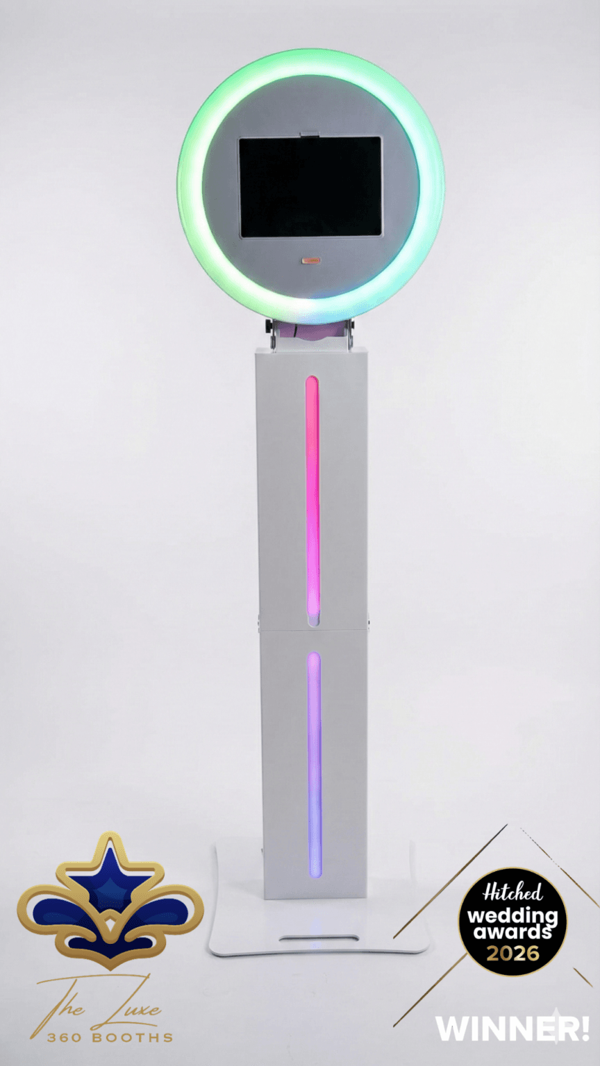 The White 2-in-1 Selfie Pod & Roamer photo booth shown in full — slim white pod with beauty ring light
